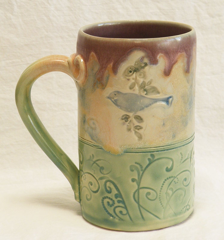 Stoneware blue bird 16oz coffee mug ceramic 16B078