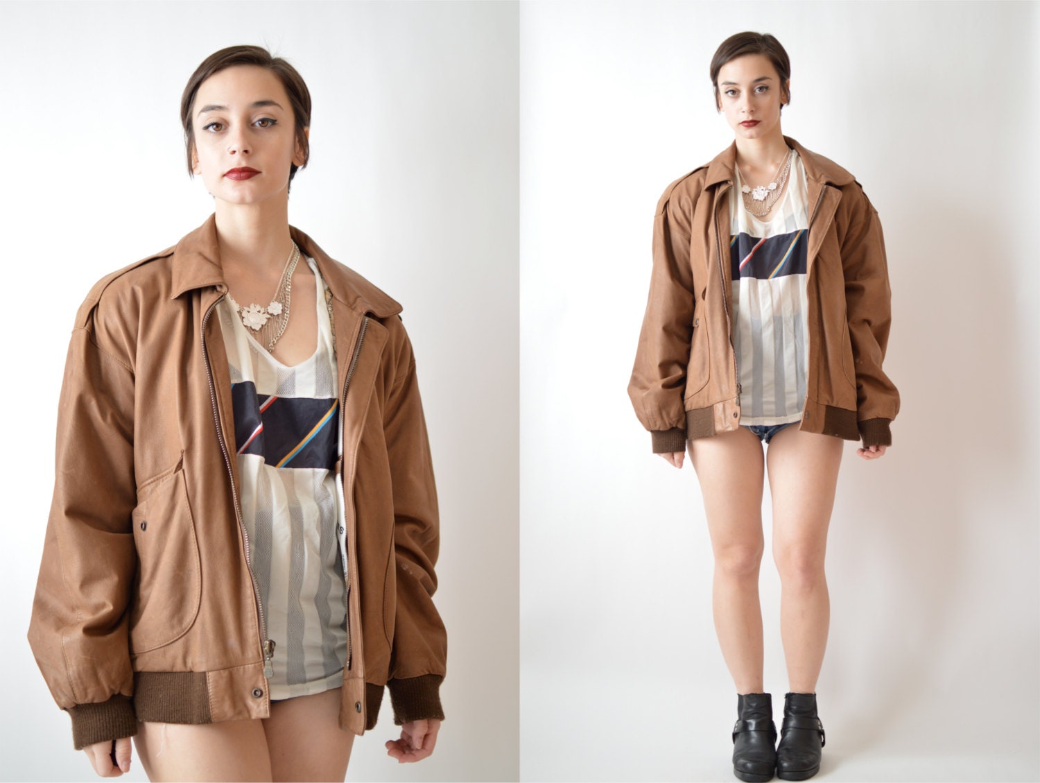 Vintage 90's Brown Genuine Leather Bomber Jacket One Size Fits Most