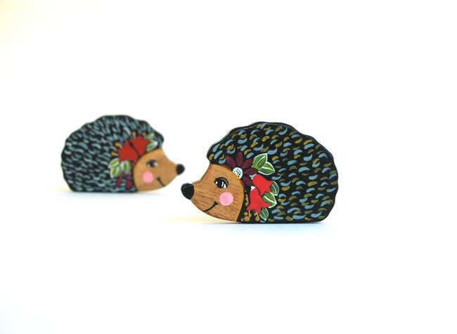 Wooden Hedgehog Brooch Illustrated Pin Animal Brooch Woodland Brooch Jewelry