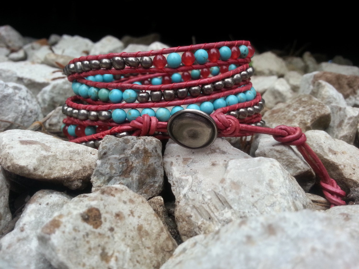 Handmade  5 wrap Chan Luu Style wrap bracelet with small silver button