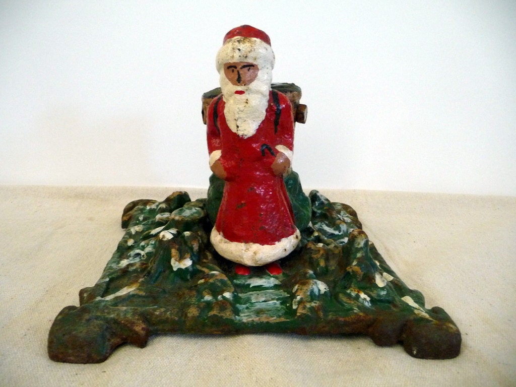Vintage Christmas Tree Stand Santa Feather Tree Stand Santa Claus Cast Iron Christmas Collectible