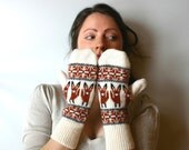 Mittens Fox Mittens in Lambswool Wool Animal Motif Mittens Knitted Mittens Brown Mittens Cream Mittens Fox Gloves Animal Gloves Fairisle