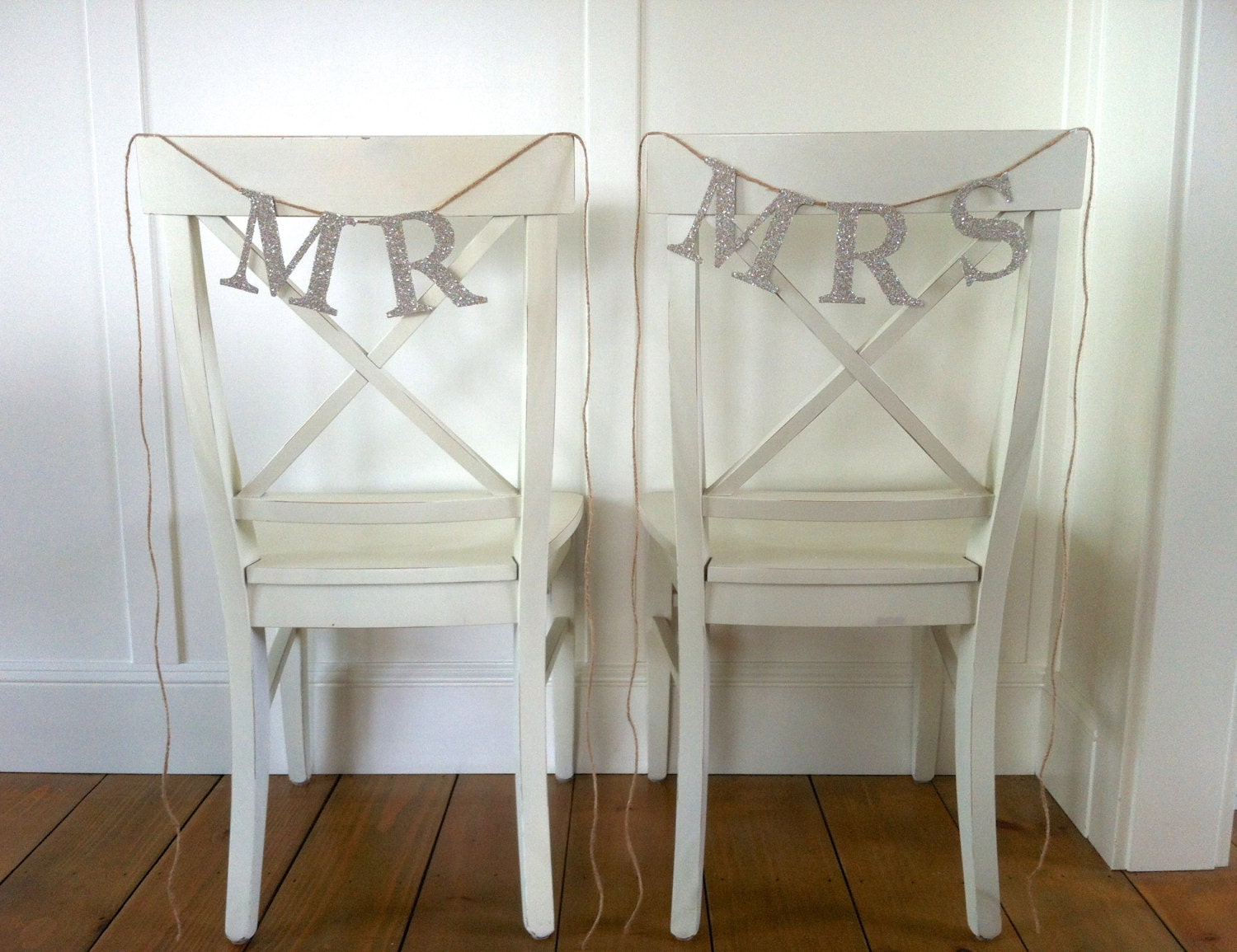 German Glass Glitter "MR" and "MRS" Serif Font Letter Chair Garlands