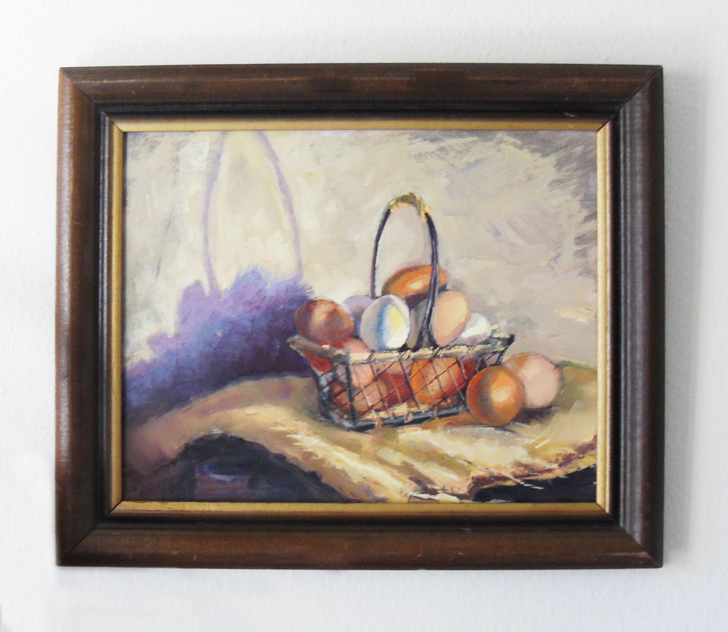 Eggs in a basket, oil on masonite. 11x14 inches. Easter eggs, feast, and kitchen or farm art by Brandy Cattoor
