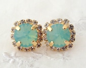 Mint Swarovski crystal stud earrings, Mint opal Rhinestone stud earrings, Bridesmaid jewelry, Gold stud, Mint and gold