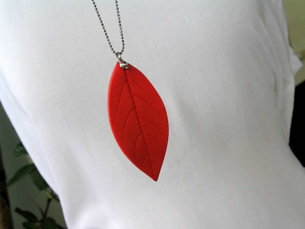 red polymer clay leaf pendant, large leaf, long necklace, dark silver ball chain, by antigonicreations