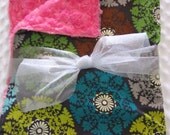 READY TO SHIP Baby Girl Hot Pink Minky Blanket 35" x 30" - Roco Beat Medallion - Fuschia, Lime Green, Gray & Brown with Rosette Minky