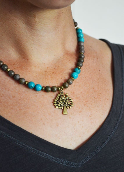 Tree Forest Necklace, Short Jasper Turquoise Gemstone Necklace, Nature Inspired Woodland Tree Necklace,Brown and Blue Stone Jewelry