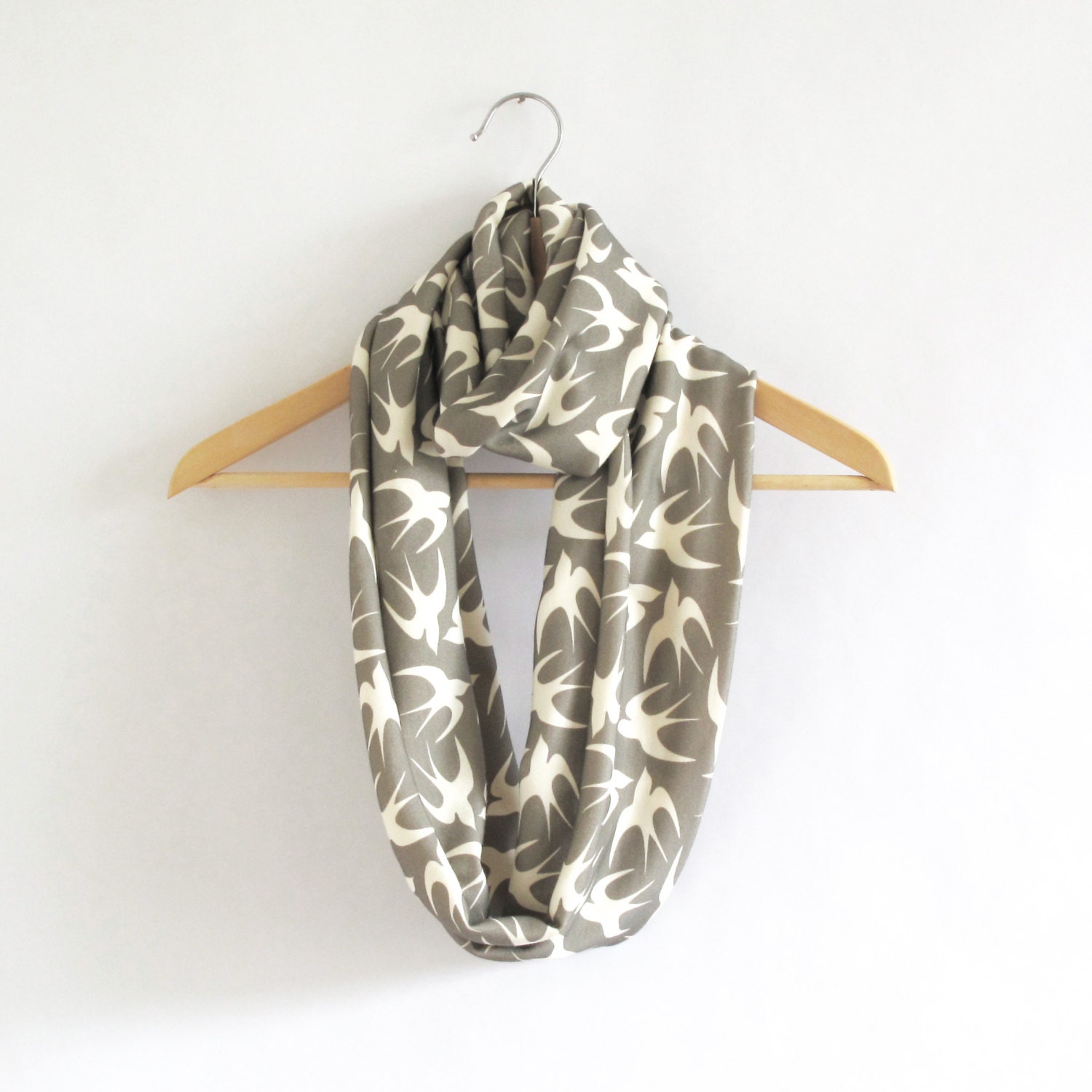 Eco Friendly Cotton Infinity Loop Scarf in Gray Swallows Print - Loop Scarf, Women's Scarf