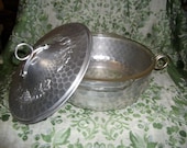 Vintage Hammered Aluminum Serving dish with Fire King Glass bowl only 18 USD