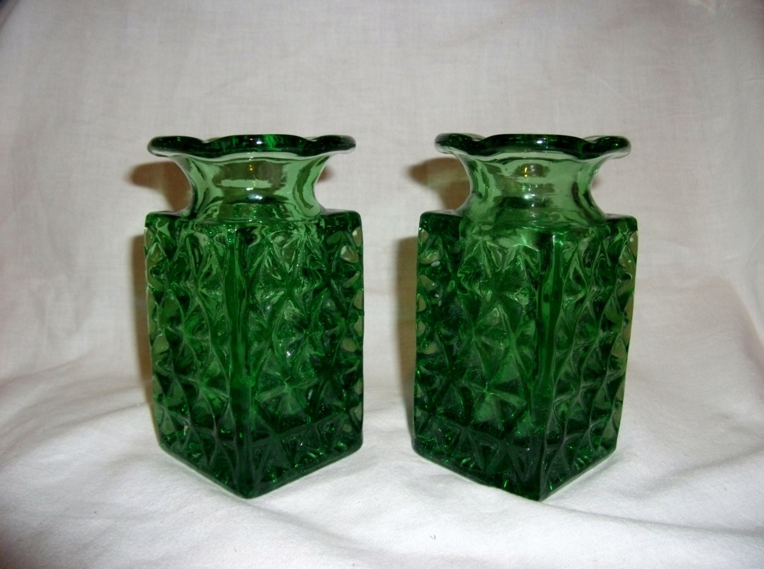 Vintage Emerald Green Cut Glass Vases matching pair Only 10 USD