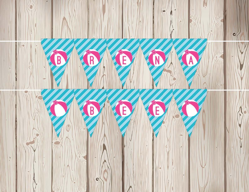 Instant Download - Printable Pennant, Bunting Banner - Pink Beach Ball with Aqua Stripes