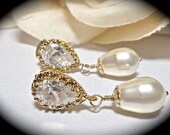 Pearl Earrings - Ivory/Cream Pearls- 14k Gold over Sterling silver Cubic Zirconia Posts - Bridal Jewelry - Classic - Bridesmaids - gift -