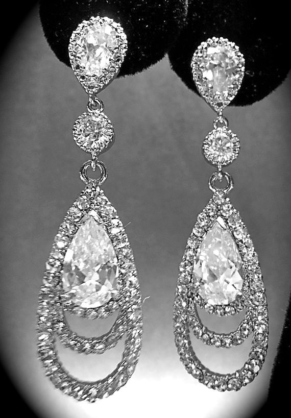 Rhinestone earrings - Long - Cubic Zirconia - Sterling Silver ear wires - Bridal Jewelry - Bridesmaids - gift -Prom -