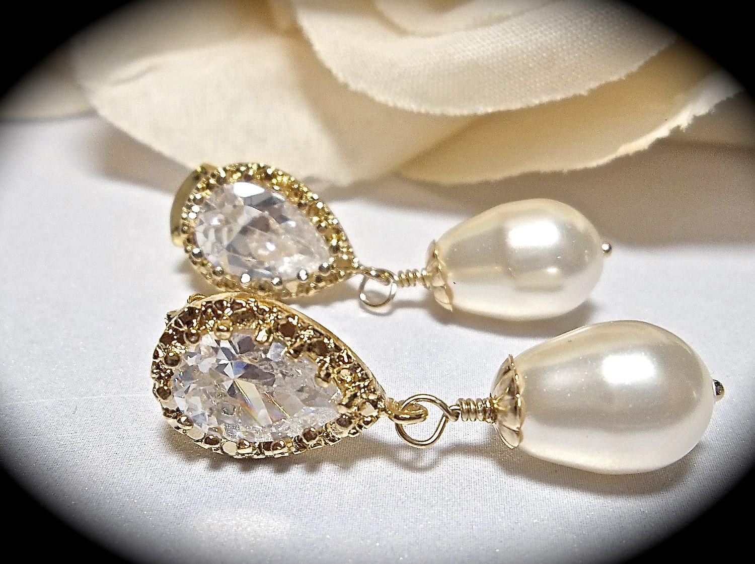 Pearl Earrings - Ivory/Cream Pearls- 14k Gold over Sterling silver Cubic Zirconia Posts - Bridal Jewelry - Classic - Bridesmaids - gift -