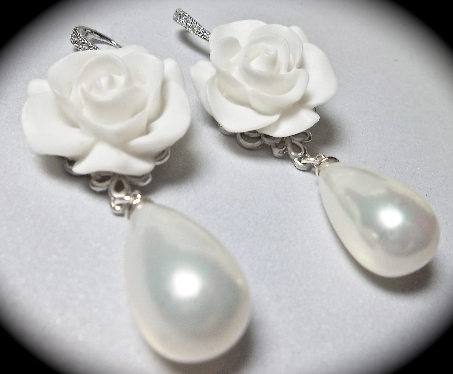 Bridal earrings - Long - White Rose - Cabochon -Sterling silver - Pearl drops - Statement earrings - BEAUTIFUL-