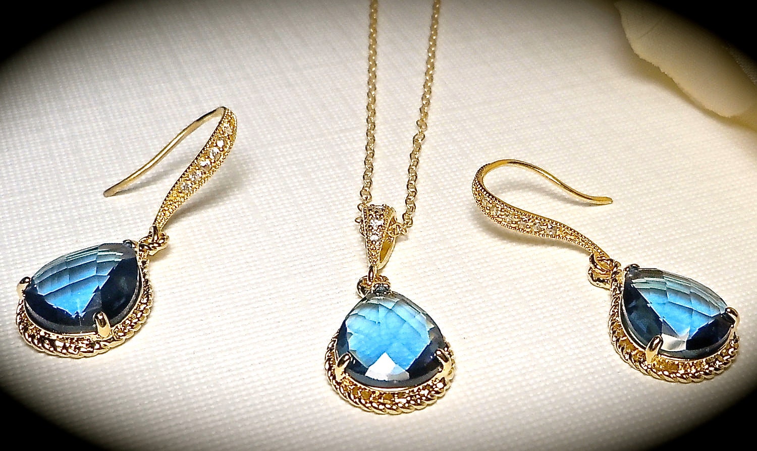 Blue Sapphire - Necklace and Earring set - Gold filled - Cubic Zirconia ear wires- September birthstone - Bridal jewelry - gift -