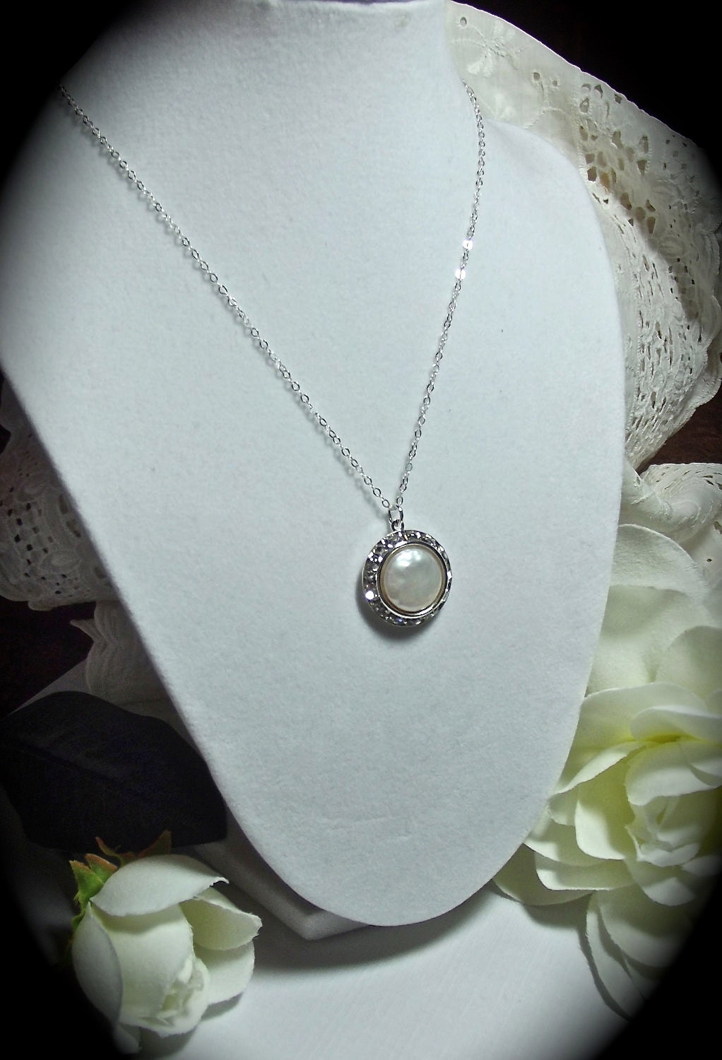 Pearl Necklace - Freshwater - Coin pearl - Sterling Silver - Swarovski Crystal Pendant - Formal or Casual - Wonderful Gift -