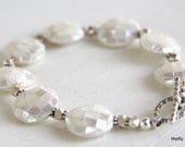 Mother of pearl inlay shell bracelet faceted sterling silver beads sterling silver toggle summer jewelry