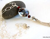 Boro glass bead necklace, sterling silver textured chain, sterling silver tassel, Czech glass beads