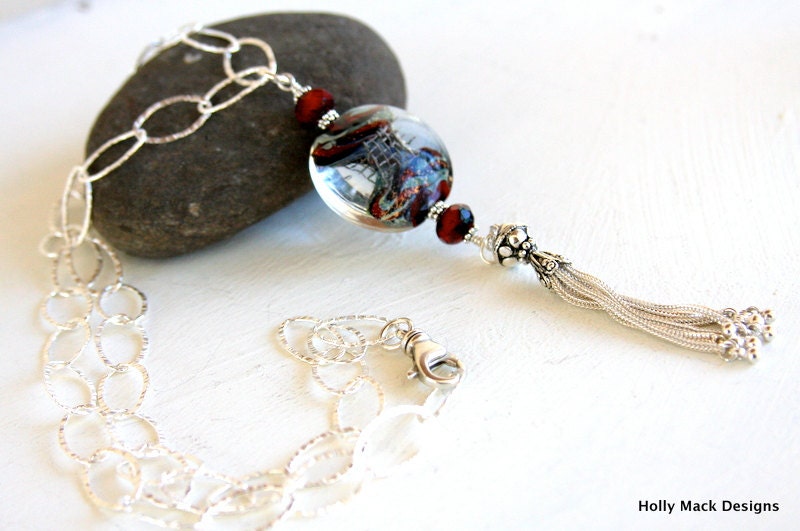 Boro glass bead necklace, sterling silver textured chain, sterling silver tassel, Czech glass beads