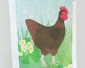 Hen & Primroses 100% Cotton Tea Towel