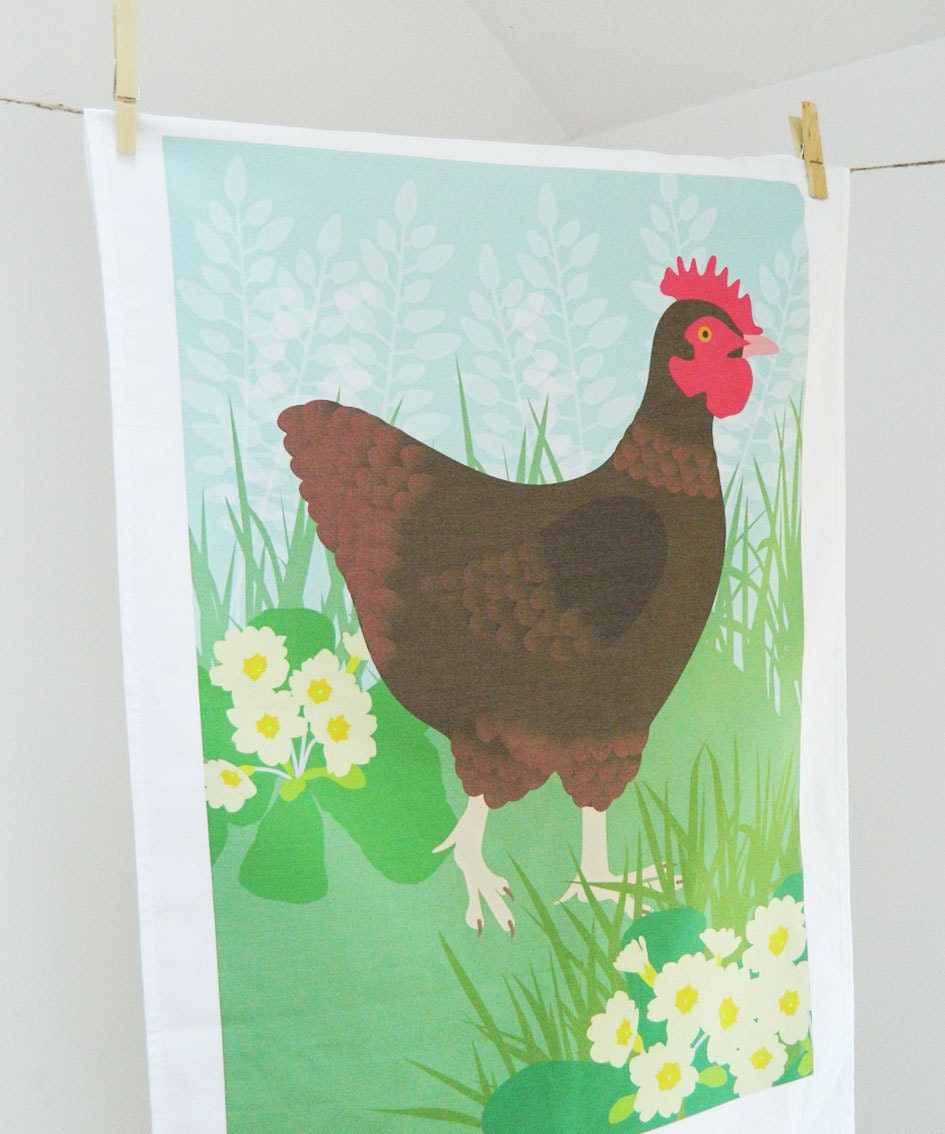 Hen & Primroses 100% Cotton Tea Towel