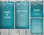 Double-Sided - Romantic Blue Night and Garland Wedding Invitation and Reply Card Set - Wedding Stationery