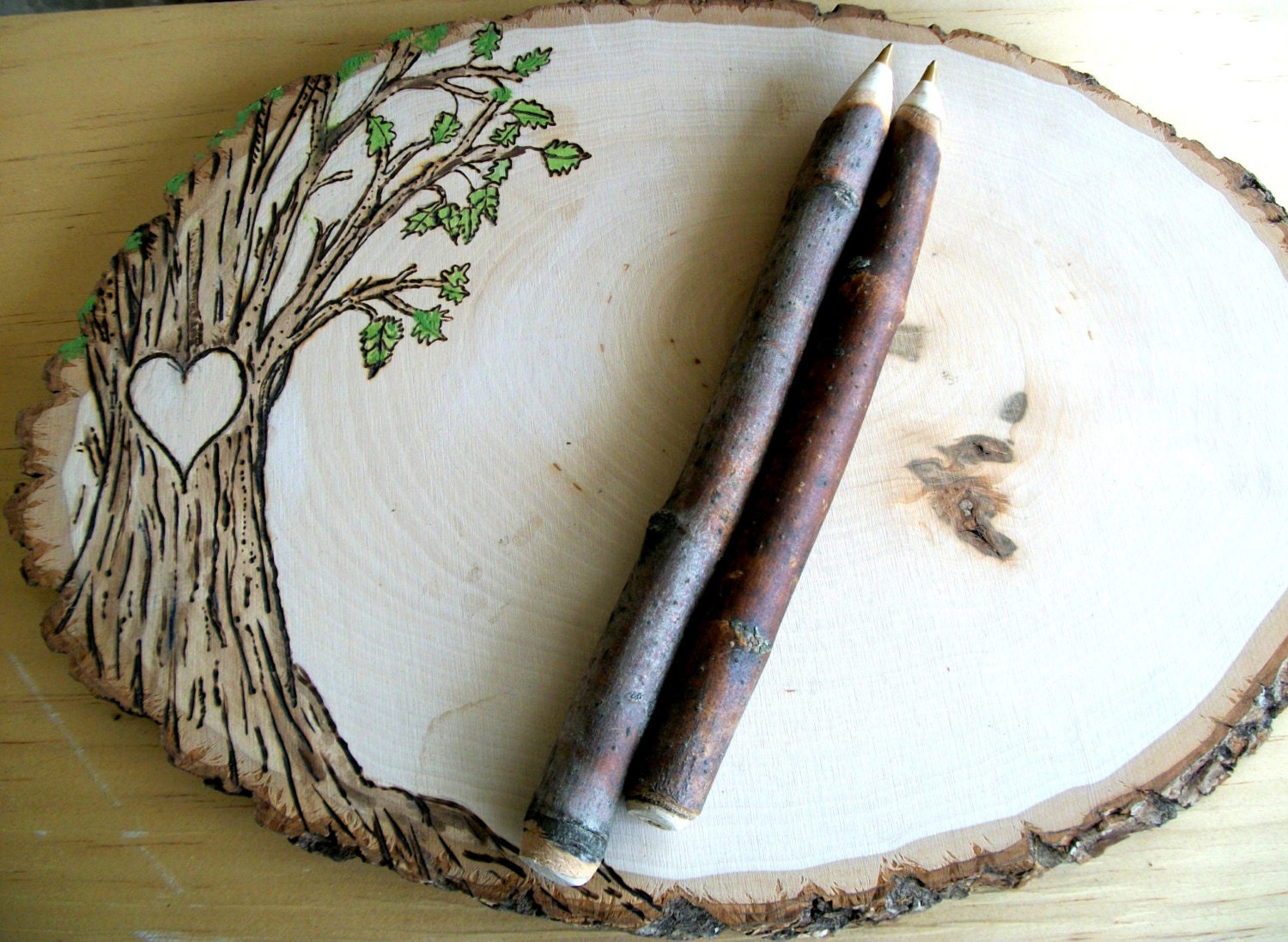 Rustic Tree Slice Wedding Guest Book with Twig Pens - For Weddings, Anniversaries, Graduation, Open Houses