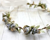 Blue Gold Rosebuds Floral Crown Wedding, Flower Crown. Paper Flowers, Spring, Something Blue, Hair Wreath, Bridal, Hair Accessories,