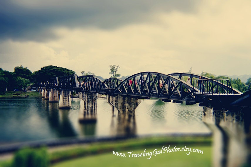 Travel photography bridge over River Kwai Thailand railroad grey sky moody soft light green blue steel glass water 8x10 fine art photo