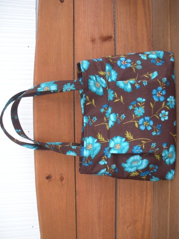 Fabric Handbag Purse Tote Bag Womens Fashion Accessories Diaper bag in Dark Brown with Blue Flower print / Ready to ship