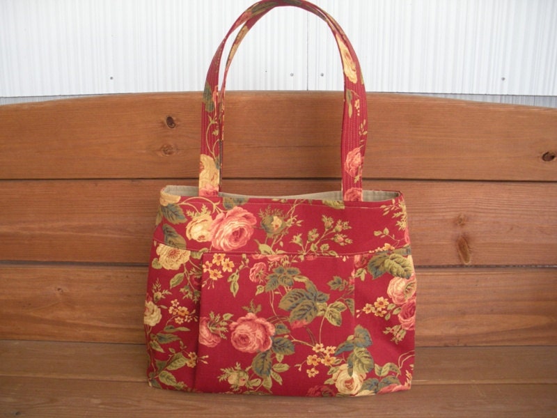 Fabric Handbag Purse Tote Bag Diaper Bag in Navy Dark Red with Pink Roses Print / Ready to ship
