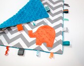 Personalized Chevron taggie blanket - Blue orange Grey - Elephant baby lovey travel blanket shower gift nursery