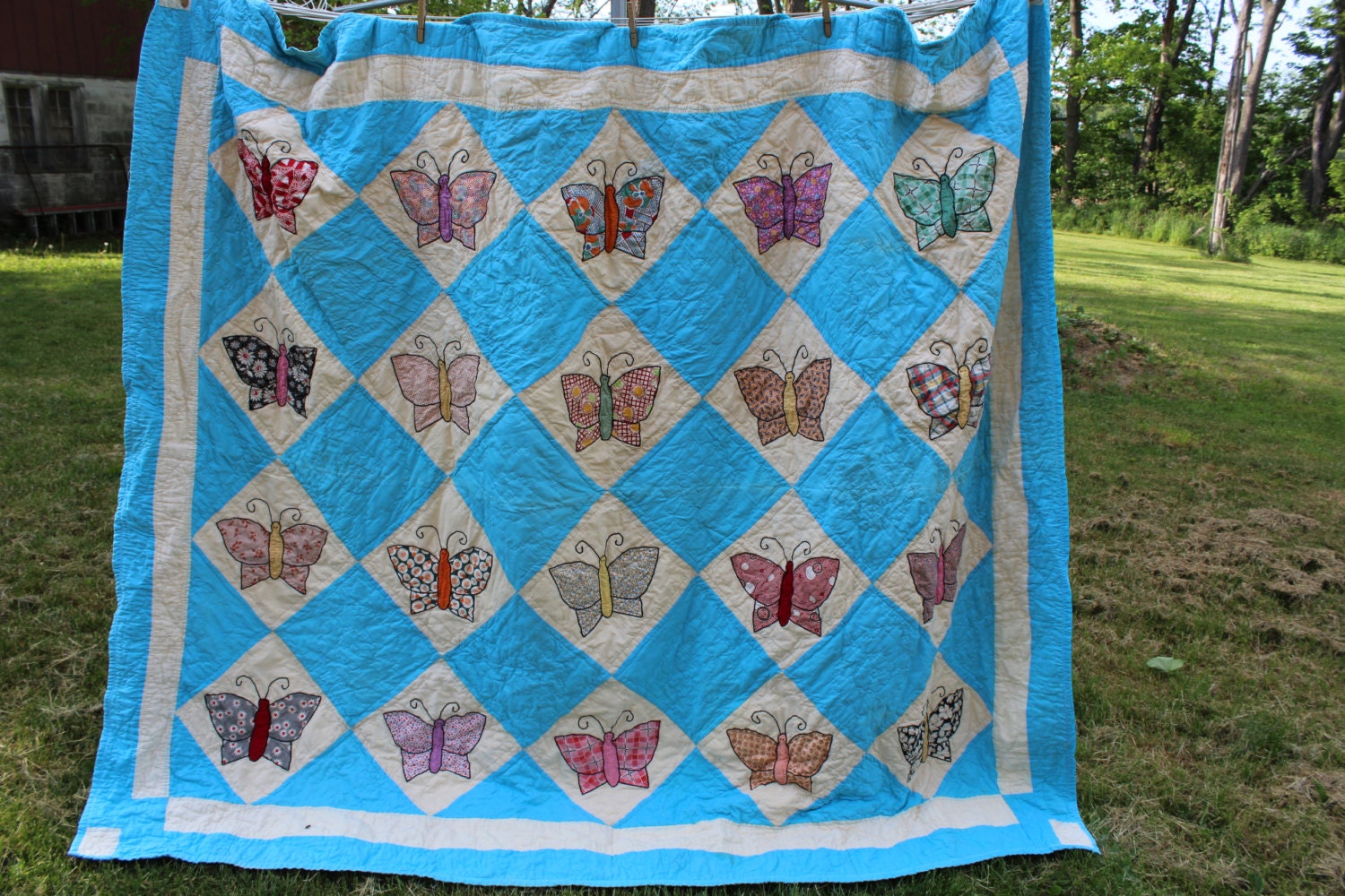 Vintage appliqued butterfly quilt with aqua blue background