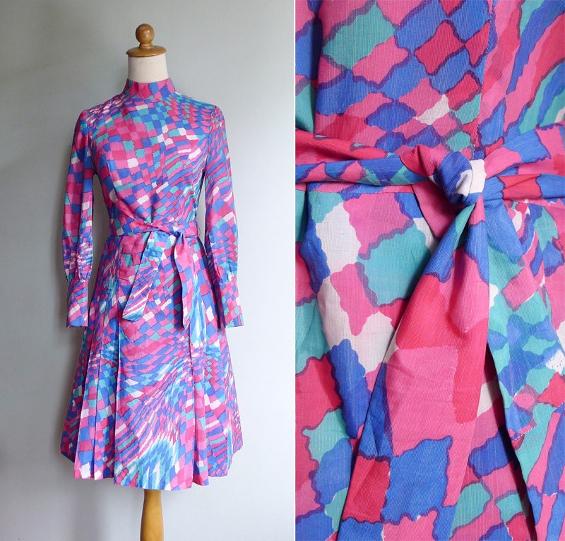 Vintage 60's Mod Op Art Checkerboard Pink Disco Dress XS or S