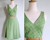 Vintage 70's Green Retro Plaid A Line Knit Dress XS or S