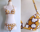 Vintage 60's Mod Geometric Print Solid Cup Low Rise Bikini S or M - fivestonesvintage