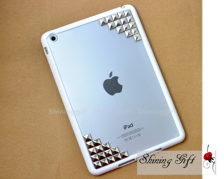 Ipad Mini Case, Ipad Mini Cover, Ipad Case, Ipad cover, White Silicone Frame Hard clear frosted Back with Studs