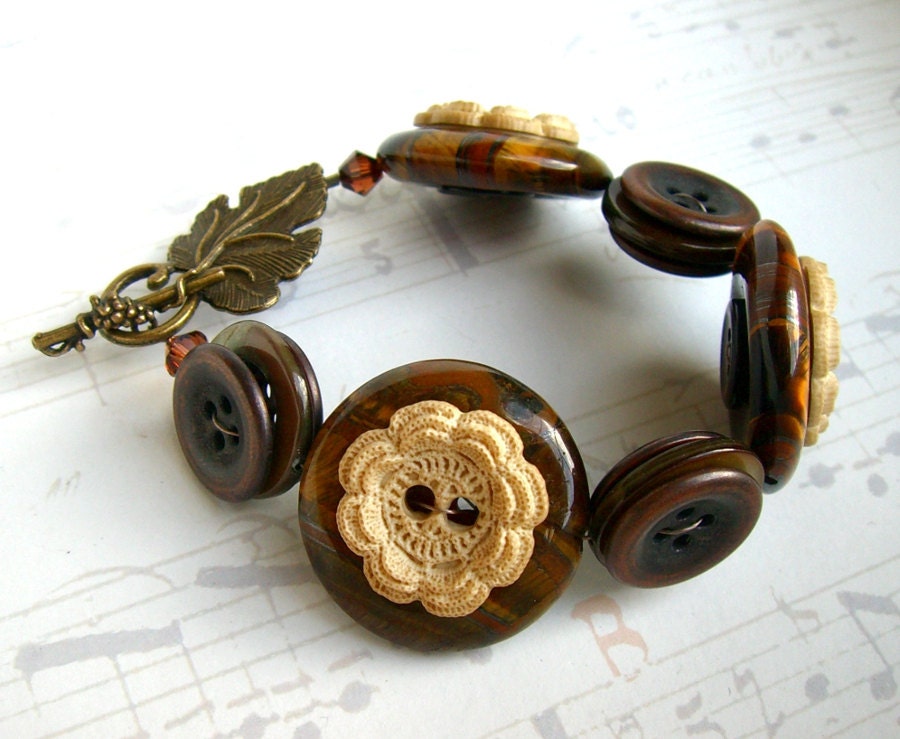 SALE, Stone bracelet, stone jewelry, button bracelet, antique lace button, tiger eye, brown bracelet, rustic jewelry