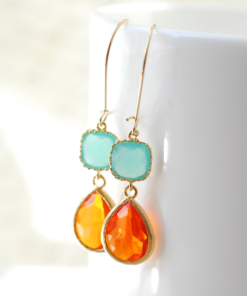 Bridesmaid Gifts Bridal Jewelry Turquoise Orange Drop Earrings Dangle Earrings Jewelry Bridesmaid Set Limon Bijoux