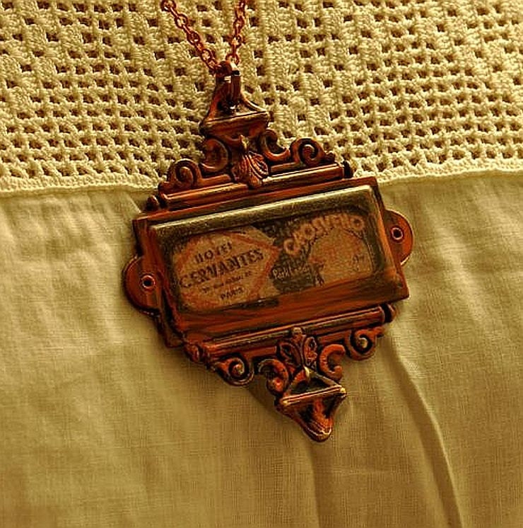 Ornate Frame Necklace Victorian Hand Painted Metal and Resin, Hotel ephemera N8