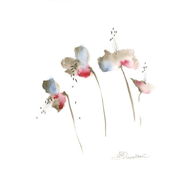 Abstract Flowers Watercolor Painting Original Art  Blue Red 10x10 Mothers day  art for bedroom