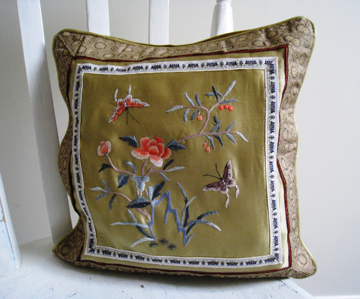 Vintage Silk Embroidered Cushion Slip Home Decor Butterfly