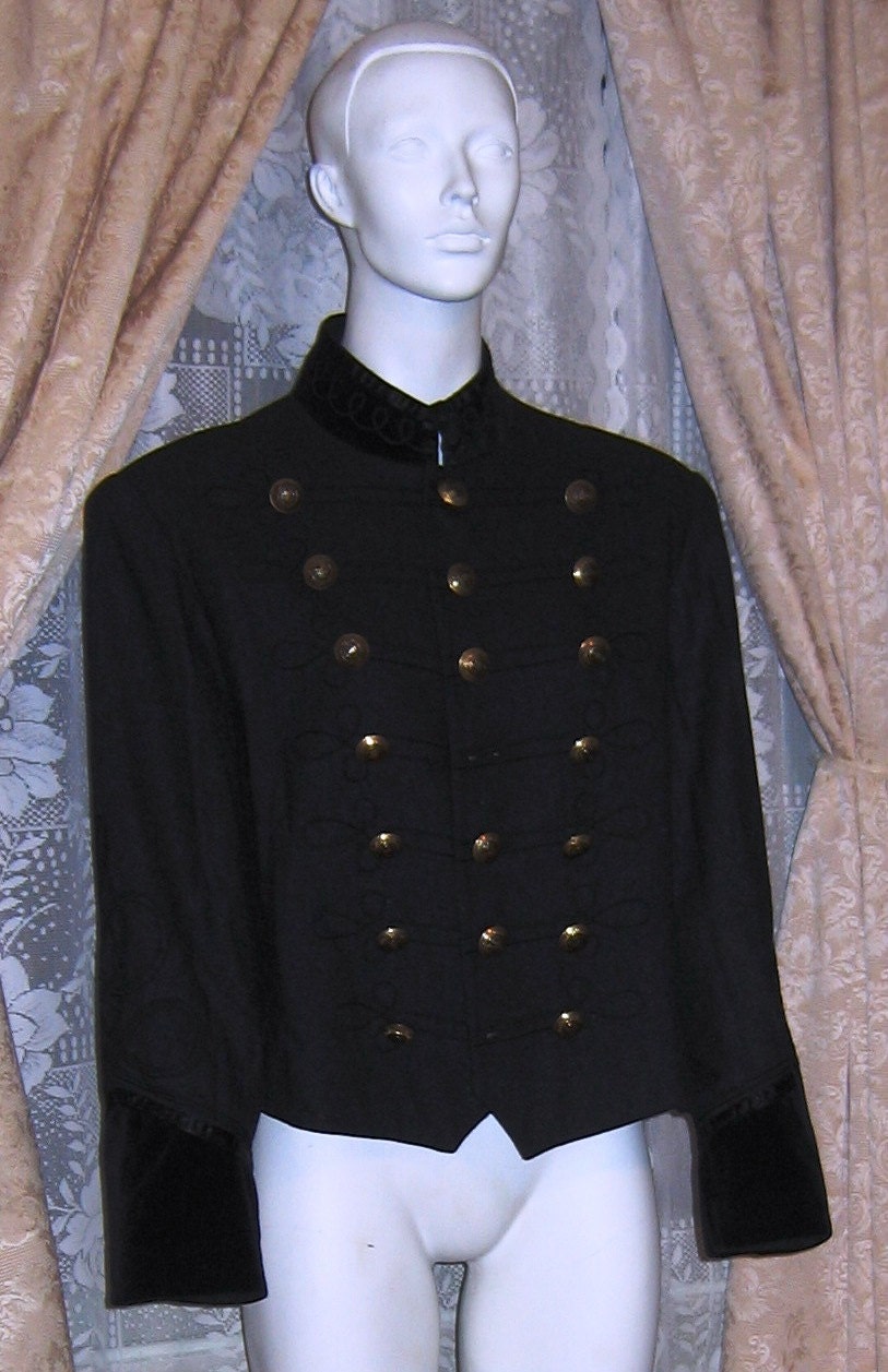 Vintage Large Grey Cambridge Dry Goods Company Steampunk Military Style Jacket With Velvet Collar, Brass Buttons and Soutache Embroidery