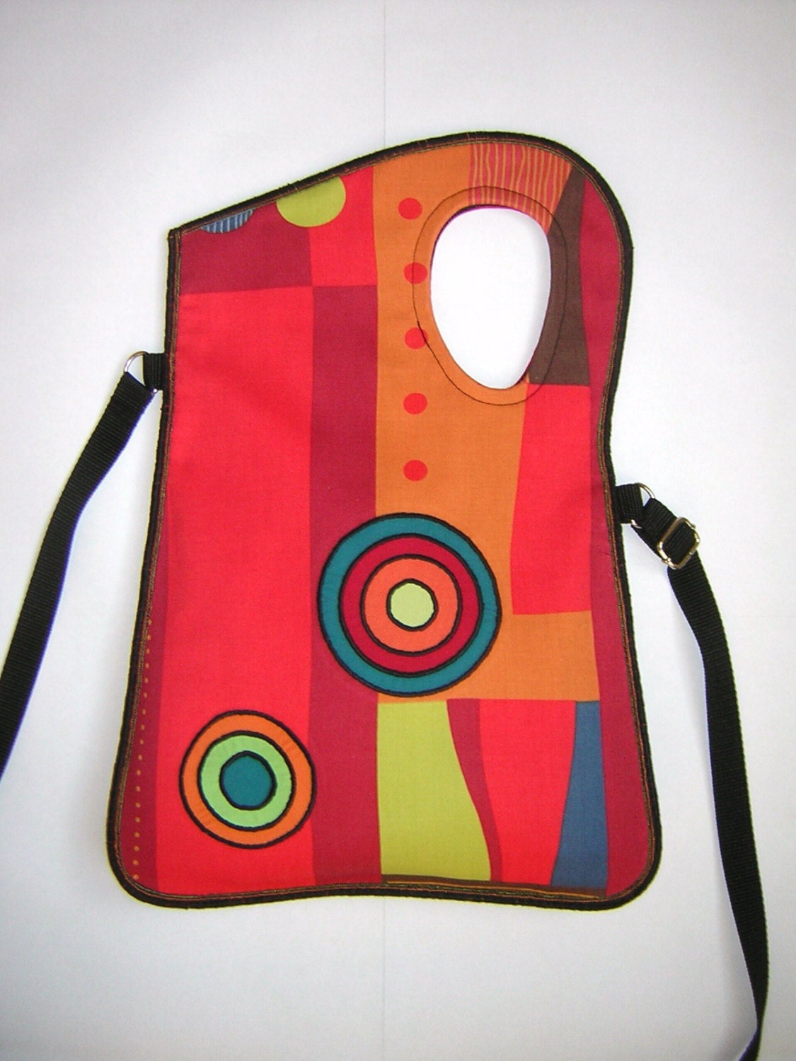 2in1 MEDIUM CANVAS BAG  cross body bag -hip purse-  sling bag Travel Tote Shoulder Haversack mixed fabrics in  Red-Orange  with Circles