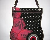 2in1 MEDIUM BAG haversack -cross body bag- hip bag- iPad case cover Travel Tote mixed fabrics in  Black- Red-striped polka-dot with Circles