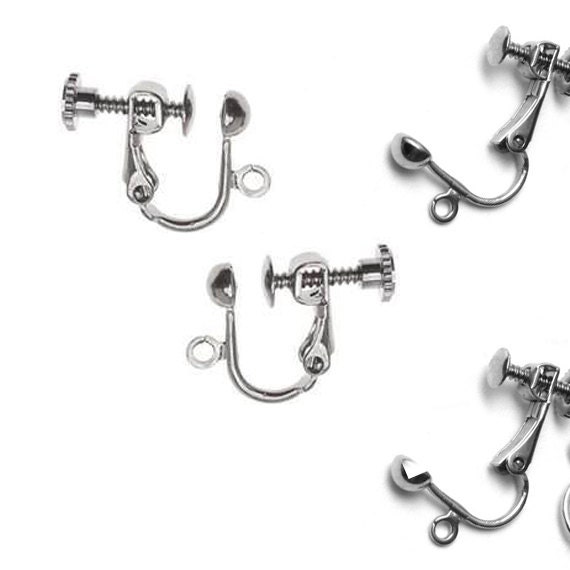 10 pcs Silver SP Clip On Screw Back Dangle Earring Hook Findings w Loop EarWire - jewelry design making DIY parts
