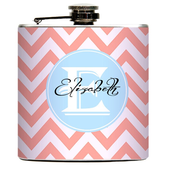 Chevron Stripe Custom Personalized Name Liquor Drinking Flask 6oz. Chevron & Circle Color Choice Birthday Wedding Bachelorette Gifts