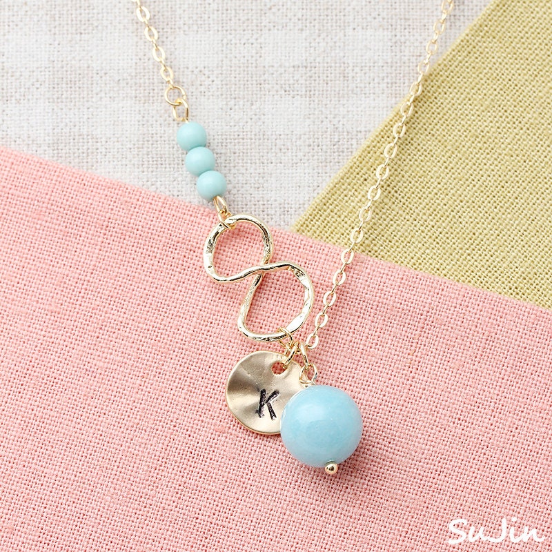 10%SALE) Infinity Link Connector and Light Blue Pearl Beads, Personalized Stamped initial Pendant, Necklace